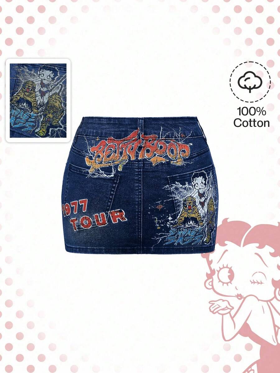 Betty Boop | ROMWE Y2K 100% 纯棉复古卡通人物和老虎印花紧身迷你牛仔裙 - 藍色 - 查看 1