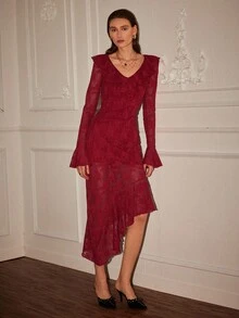 Chiquease Women's Dark Red Long Sleeve Ruffle Hem Lace Midi Dress,Autumn Elegant Dinner Date Cocktail Party Birthday Special Occasions Goth Fairycore Fashion - Red - View 4