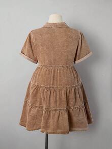 Sunspun Plus Size Casual Vacation Washed Front Button Denim Dress, Summer - Khaki - View 2