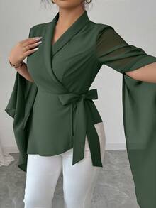 Elenzga Never Out Of Style: Gothic Prep With A Wednesday Twist. Embrace Your Inner Shadow Dark Feminine Fashion. Plus Size Cross V-Neck Tie Wrap Asymmetrical Chiffon Long Sleeve Design Asymmetrical Hem Bow Commuter Versatile French Elegant Black Blouse