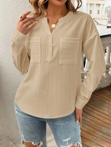 SHEIN LUNE 女士简约纯色休闲口袋长袖衬衫 - 卡其色 - 查看 5
