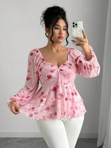 Elenzga Plus Size Women Elegant Pink Elastic Mesh Square Collar Long Puff Sleeve Ruffle Hem Blouse - Pink - View 1