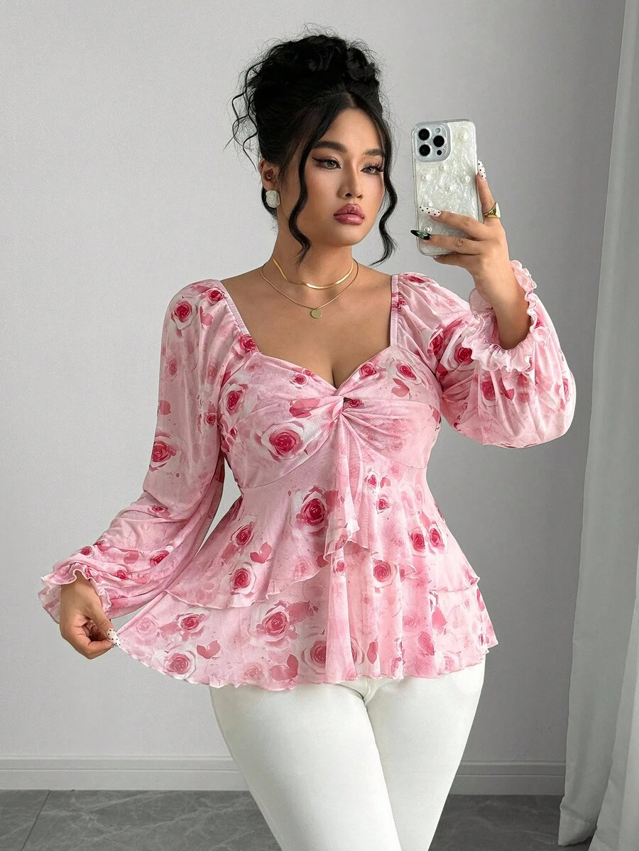 Elenzga Plus Size Women Elegant Pink Elastic Mesh Square Collar Long Puff Sleeve Ruffle Hem Blouse - Pink - View 1