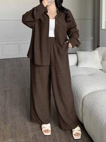 Livesso Curve Western Style Beach Vacation Solid Color Denim Effect Linen Loose Casual Plus Size Women 2 Pieces Set, Spring/Autumn Lounge Sets For Women - Coffee Brown - View 3