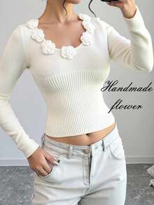 Skyraze Women 3D Floral Trim Pullover Sweater Jumpers Pullover Back-To-School Clothing White Sweater Casual Daily Wear,Tops,Brunch Women,Renaissance Fair,Concert Women, In Fall/Winter - White - View 2