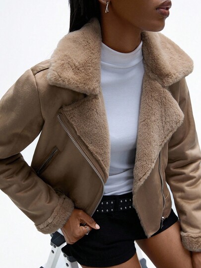 GENKIRA Women Casual Street Fashion Fluffy Mixed Suede Motorcycle Jacket, With Zipper Pockets 