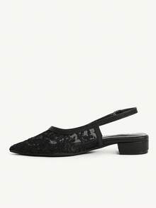 CUCCOO CHICEST 女士优雅百搭舒适黑色网眼蕾丝尖头低跟露跟平底鞋 - 黑色 - 查看 9