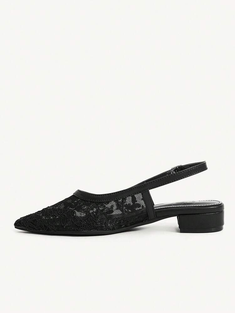 CUCCOO CHICEST Femmes Élégantes Polyvalentes Confortables Plates-Formes à Bout Pointu Noir en Maille et Dentelle à Talon Bloc Bas - Noir - Voir 9