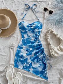 Soleia Vacation Casual Halter Tie Drawstring Asymmetrical Hem Tie-Dye Bodycon Dress - Blue and White - View 7