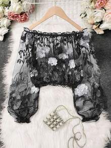 EMERY ROSE 女士时尚透明网眼钩针刺绣花卉露肩灯笼袖短款上衣 - 彩色 - 查看 2