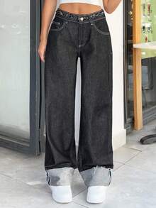 EURMUSE Woman Mid Waist Contrast Loose Straight Denim Jean Baggy Jeans Y2k Wide Leg Jeans Loose Jeans Oversized Jeans Jeans With Contrast Stitching - Dark Wash - View 1