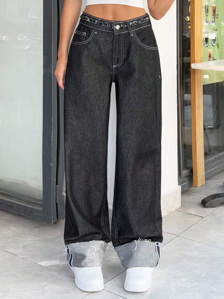 EURMUSE Woman Mid Waist Contrast Loose Straight Denim Jean Baggy Jeans Y2k Wide Leg Jeans Loose Jeans Oversized Jeans Jeans With Contrast Stitching - Dark Wash - View 1