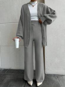 EURMUSE Women Drop Shoulder Button Front Cardigan And Sweater Pant 2 Pieces Outfit Set Co-Ords - Grey - View 3