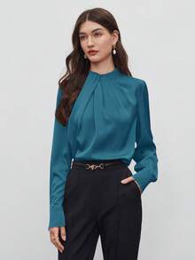 BizChic 孔雀蓝褶裥领女式衬衫，现代优雅都市通勤日常浪漫90年代复古风，适合圣诞节、新年、情人节、派对、海滩、毕业典礼、时尚、嘉年华、假日等场合，百搭浪漫，适合婚礼宾客、主人、外出、约会、派对、音乐会、舞台表演、早午餐、机场等多种场合。 - 綠色 - 查看 3