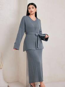 Veilorie Elegancki, dopasowany damski zestaw bezrękawnik i kardigan, 2 sztuki, jesienno-zimowe ubrania dla kobiet - Szary - Zobacz 7