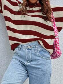 EMERY ROSE 休闲宽松条纹圆领长袖女套头毛衣秋季毛衣红白条纹毛衣冬季毛衣条纹毛衣女条纹毛衣 - 彩色 - 查看 3