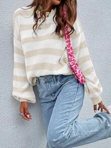 EMERY ROSE 休闲撞色条纹落肩宽松针织毛衣，秋季条纹毛衣女女士条纹套头衫条纹套头衫女士灯笼袖毛衣米色和白色条纹毛衣 - 彩色 - 查看 7