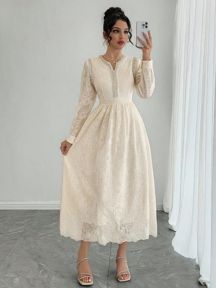High-End French Lace Long Sleeve Dress, V-Neck Chiffon Elegant Gown, Autumn/Winter New Arrival Dress