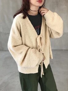 FRIFUL 女士纯色杏色系带宽松休闲开衫，适合秋季穿着 - 米色 - 查看 5