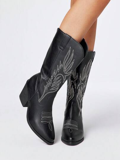 Women's Cowboy Boots, Chunky Heel Pointed Toe Embroidered Western Riding Boots, Leather Outdoor Fashion Slip-On Mid-Calf Boots