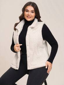 Comfylo 大码女式纯色单排扣休闲羊毛背心夹克，秋冬 - 杏色 - 查看 7