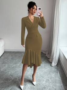 Elenzga New Women's Holiday Mid-Length Dress, Blazer Collar Long Sleeve Asymmetric Fishtail Hem Waist-Cinched Dress, Versatile For Daily Wear, Dates, Parties, Outings Fall Cloth For Women - Khaki - View 3