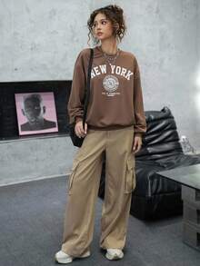 SHEIN 少女杏色圆领套装，工装裤，休闲校园风，秋季 - 彩色 - 查看 3