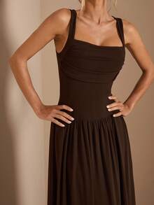 SHEIN BAE 优雅女士纯棕色连衣裙，大翻领设计，裙摆呈A字形，适合秋冬季日常穿着、派对、活动、约会等场合。 - 棕色 - 查看 6