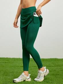 SHEIN Unity 女式纯色高腰口袋二合一运动紧身裤瑜伽裤 - 墨綠色 - 查看 4