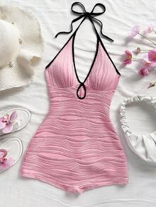 Soleia 女士休闲度假新款 V 领露背系带蝴蝶结镂空黑白撞色修身罗纹连体裤，适合派对、约会、下午茶、海滩