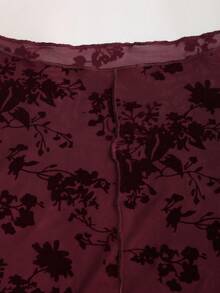 Sweetra Halloween Women's New Elegant & Fashionable Sexy Burgundy Mesh Leaf Flower Flocked Design Trumpet Sleeve Blouse, Spring/Autumn Fall Cloth For Women - Burgundy - View 4