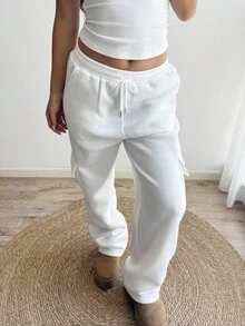 SHEIN Unity Women's Solid Color Drawstring Waist Cargo Pocket Straight Leg Casual White Sweatpants - White - View 6