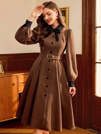 Vintamour 复古优雅女装连衣裙，带口袋腰带撞色拼布蝴蝶结纽扣休闲通勤连衣裙秋季