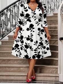 SHEIN Lady 大码女式花卉印花V领泡泡袖优雅中长连衣裙 - 彩色 - 查看 6