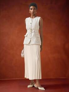 Zivah 2025年秋冬新款，日常约会，通勤，商务淑女，优雅邮轮，派对，简约网红爆款，生日派对，高端派对，圆领，无袖，不对称金属扣装饰腰带，金属不对称扣粗花呢背心外套 - 白色 - 查看 6