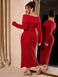 Cravure Damen Kleid in Große Größen, luxuriöser roter Einsschulter-Fake-Fellkragen, hochelastisches figurbetontes Midi-Pulloverkleid, Schleifenkragen, Metallknöpfe, elegantes Damenkleid, geeignet für Silvesterparty, Weihnachten, Halloween-Party, Büromode - Rot - Übersicht 2