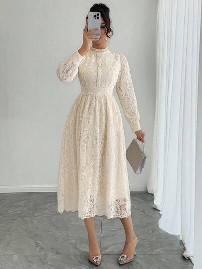 DAZY Sukienka z długim rękawem w stylu francuskim z koronką, nowa, ekskluzywna sukienka midi z marszczeniami w talii na jesień/zimę