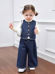 2 件套女婴牛仔无袖背心和宽松裤子套装，蓝色 - 深色水洗藍 - 查看 2