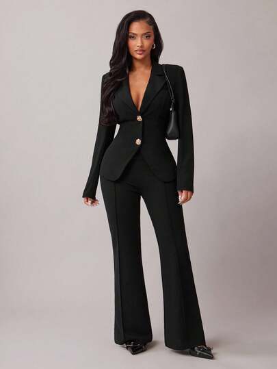 Radiana Women's Elegant Business Black Long Sleeve Suit Set, Gold Button Decor Waist Fitted Blazer + Slim Flare Pants 2 Pieces Outfit, Casual Business Attire Suitable For Commuting, Office, Workplace, Party, Daily Wear, Formal Occasions, Slim Fit, Figure Flattering