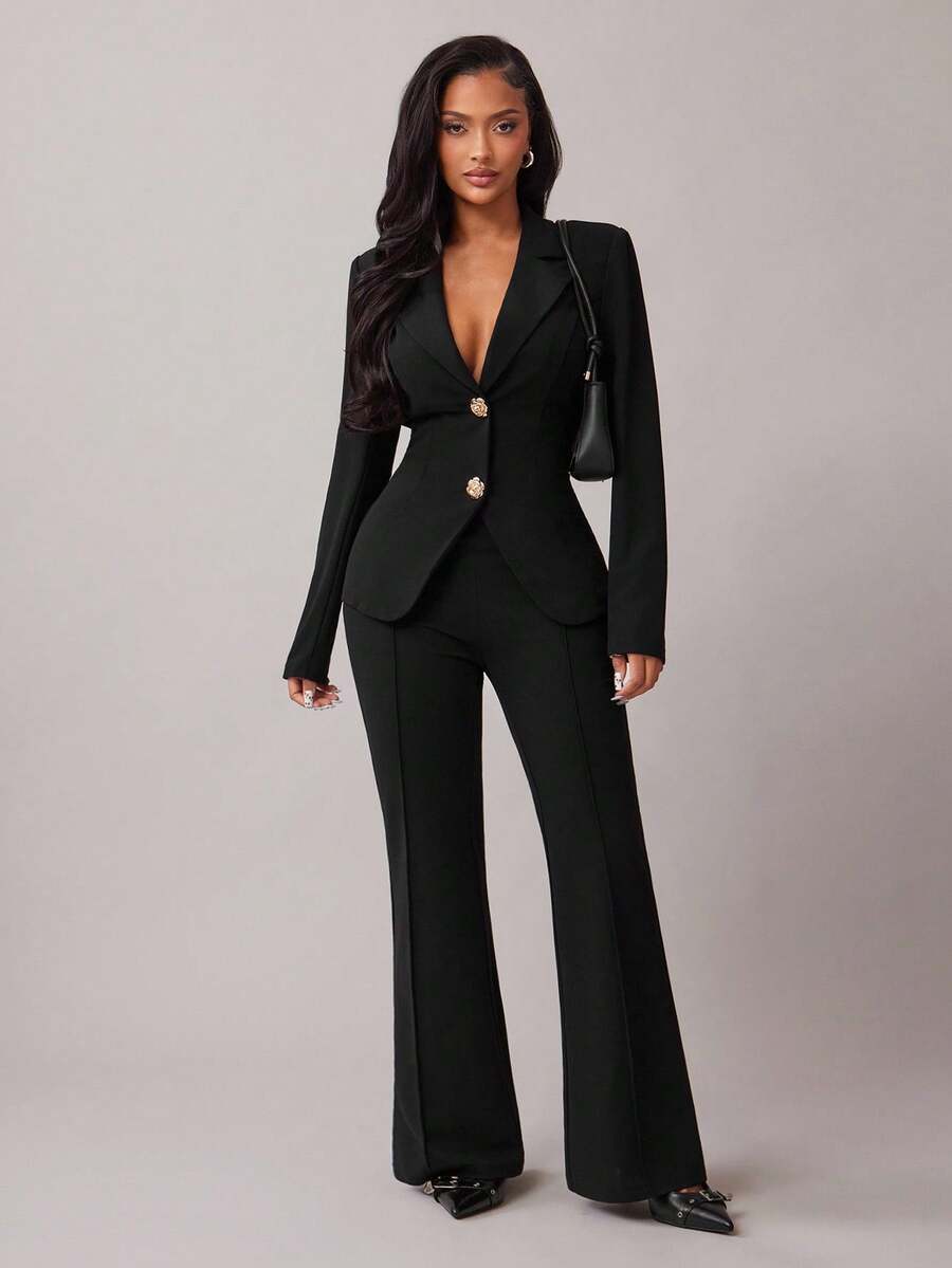 Radiana Women's Elegant Business Black Long Sleeve Suit Set, Gold Button Decor Waist Fitted Blazer + Slim Flare Pants 2 Pieces Outfit, Casual Business Attire Suitable For Commuting, Office, Workplace, Party, Daily Wear, Formal Occasions, Slim Fit, Figure Flattering - Black - View 1