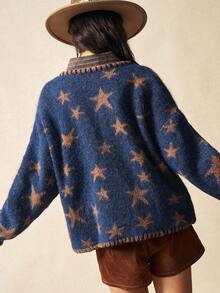 Bohemela Casaco Boho de Outono/Inverno, Casaco de Malha Felpudo Vintage Solto de Manga Longa Aberto com Bolsos Duplos Versátil, Estilo Country Ocidental, Adequado para Férias, Uso Diário e Volta às Aulas, Halloween, Outono - Azul - Visão 8