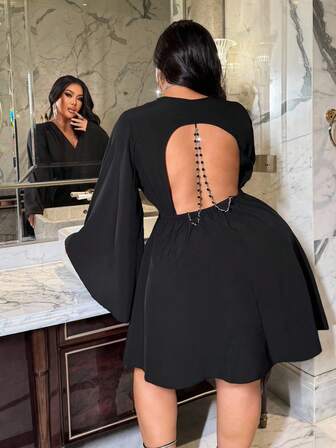 NU&NOW Plus Size Women's V-Neck Backless Metal Chain Minimalist A-Line Sexy Elegant Party Dress, Autumn/Winter/Spring