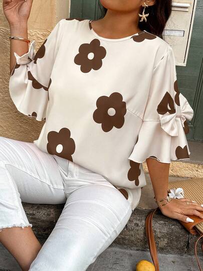 Weeklong Plus Size Women Floral Print Vacation Round Neck Flare Sleeve Bow Decor Fashion Blouse