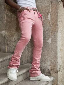 ROMWE MEN Street Life 男士休闲水洗修身水钻装饰牛仔裤 - 粉色 - 查看 6