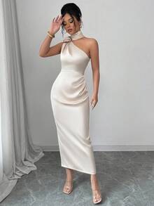 Selianne 优雅性感法式缎带斜肩领口 3D 花朵腰部捏褶修身紧身连衣裙