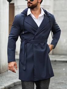 Manfinity Mode 男士双排扣连帽腰带风衣秋季长款连帽风衣藏青色欧式老款 - 藏蓝色 - 查看 3