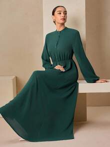 Graceveil Robe de soirée longue élégante et décontractée avec col montant, manches longues, boutons et taille élastique, coupe évasée, style automnal vert