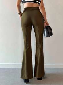 EURMUSE Women's Belted Straight Trouser With Slanted Pocket Design - Army Green - View 2