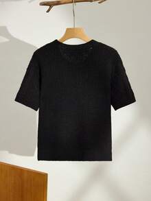 Maija Women's Sequin & Rhinestone Decorated Short Sleeve Knit Top , Luxury Women's Black Knit Top  Winter Clothes