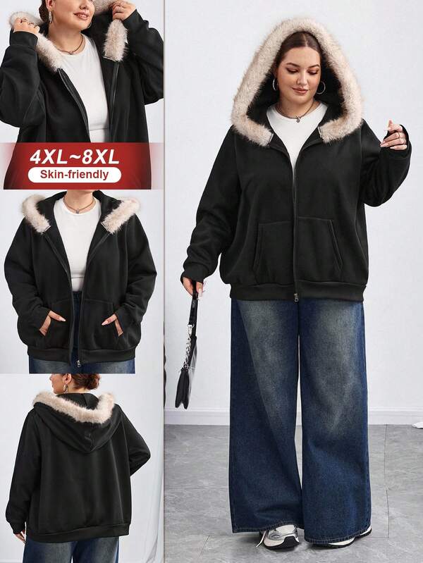 SHEIN CURVE+ Plus Size Women Solid Color Zip-Up Hoodie, Casual & Fashionable, Suitable For Daily Wear, Graduation Ceremony, Back To School, Women Teacher Uniform In Fall/Winter